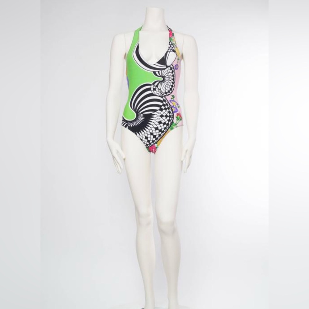Versus Versace Green and Black One Piece Swimsuit pastel floral and abstract NEW